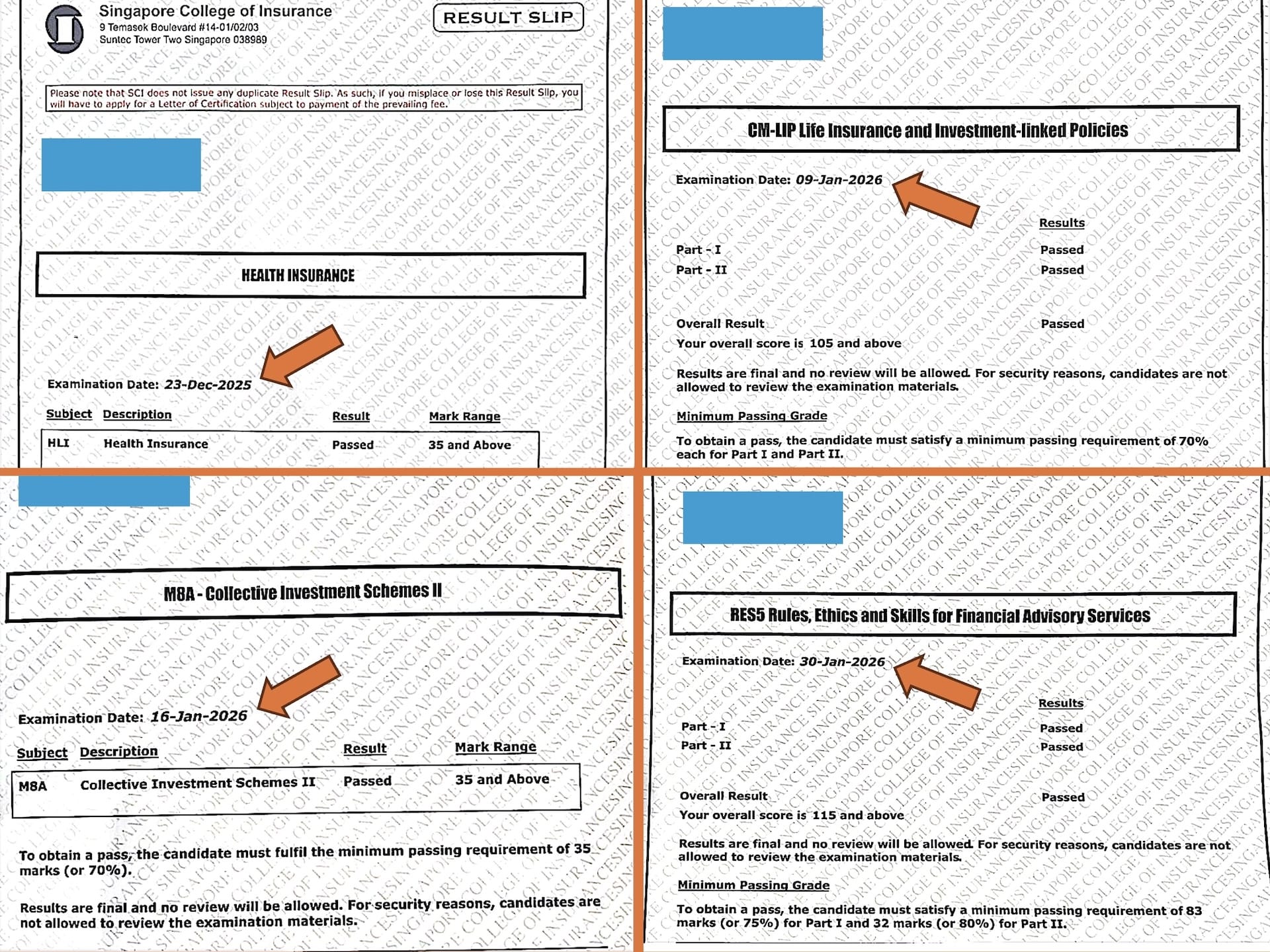 Passing Result Slips for CMFAS HI, CM-LIP, M8A, RES5